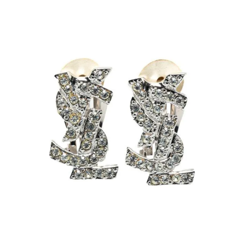 SAINT LAURENT 21st Century Rhinestone Logo Clip On Costume Earrings-0