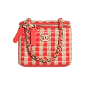 CHANEL Fiber & Yellow Jute Thread & Metal Box Bag Clutch Small Size Women's Red & Beige