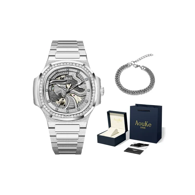 AOUKE Automatic Mechanical Movement Steel Strap Watch Men's Watches Gray Dial-2