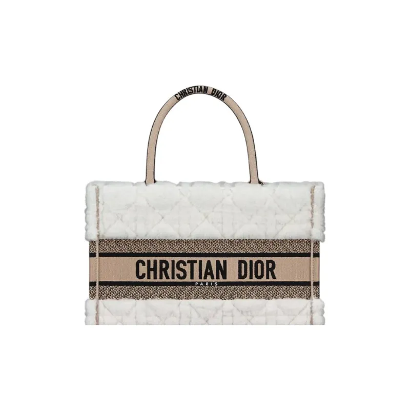 DIOR BookTote Lambskin With Shearling Tote Bag, Shopping Bag, Handbag Medium Size Women's Ecru-4