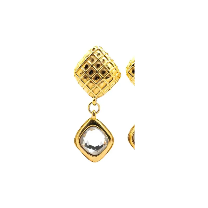 CHANEL 1980 1990 Gold Plated Diamond Swing Clip On Costume Earrings-2