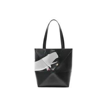 LOEWE Suna Fujita Collaboration Puzzle Fold Shiny Cow Leather Tote Bag, Shopping Bag, Handbag Tubas Women's Black