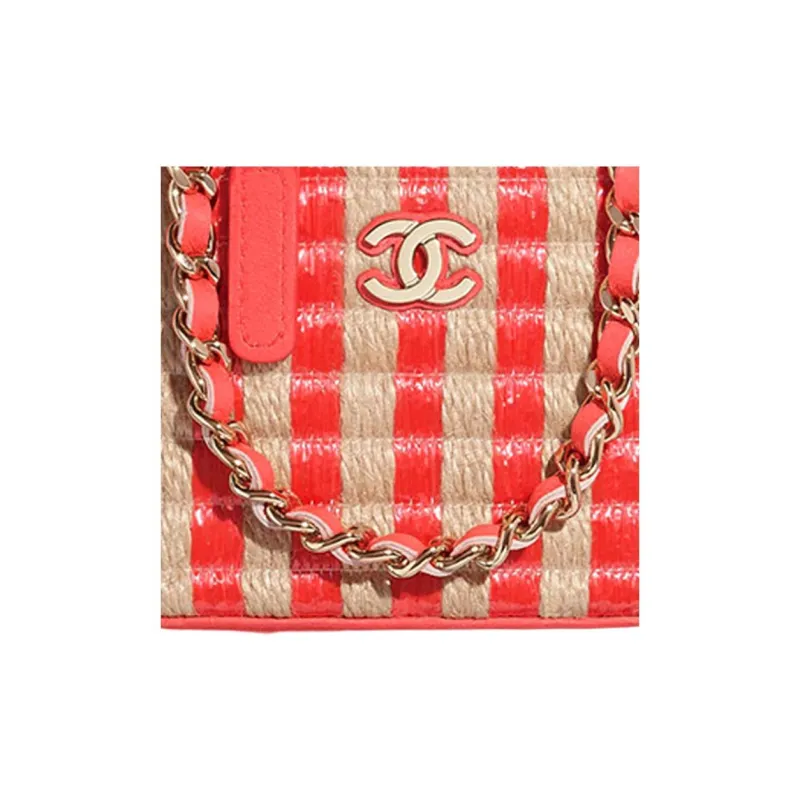 CHANEL Fiber & Yellow Jute Thread & Metal Box Bag Clutch Trumpets Women's Red & Beige-4