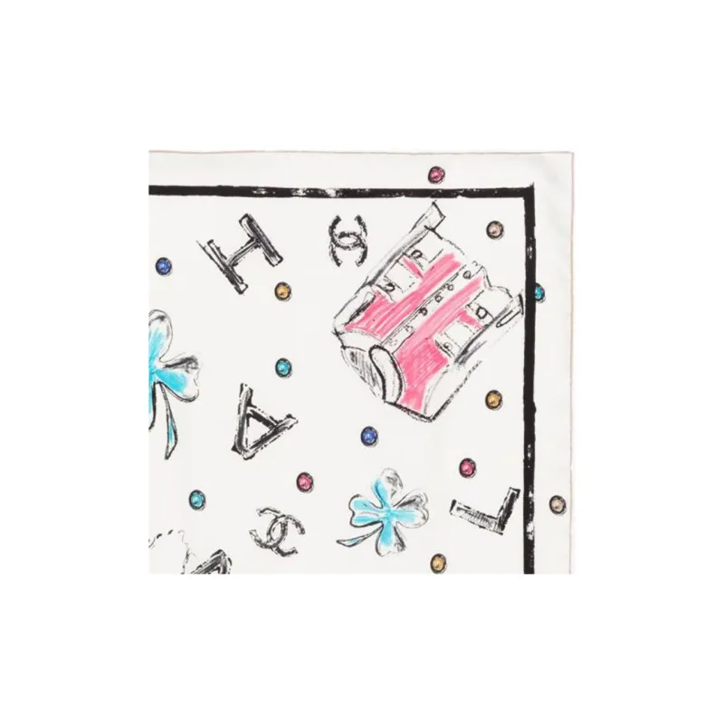 CHANEL Silk Silk Silk Scarves Women's White-2