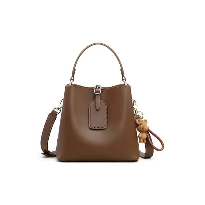 VINEY Cow Leather Handbag One Shoulder Crossbody Bucket Bag Regular Women's Coffee-4