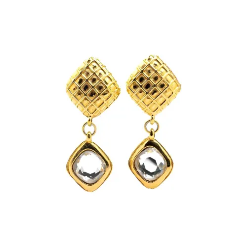 CHANEL 1980 1990 Gold Plated Diamond Swing Clip On Costume Earrings