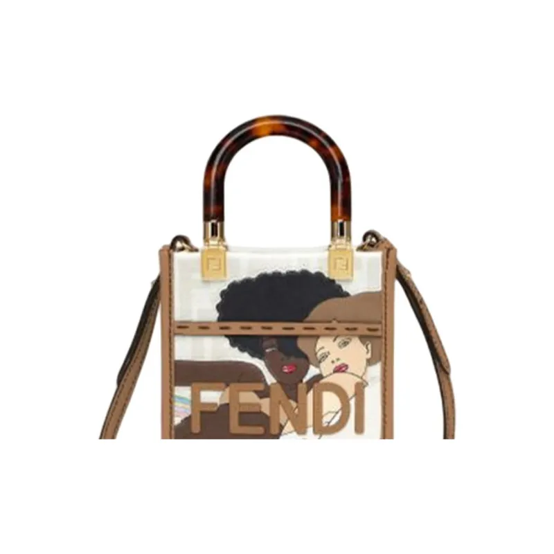 FENDI Sunshine Patchwork Leather Tote Bag Shoulder Bag Crossbody Bag Handbag Mini Unisex White/Brown-4