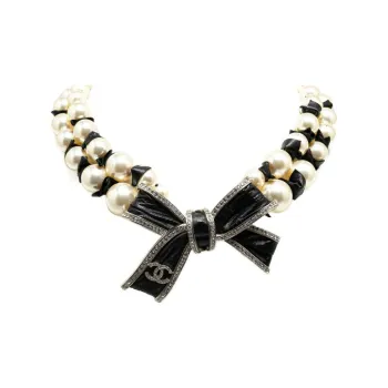 CHANEL 2016 Cc Faux Pearl Ribbon 2 Strand Costume Necklace