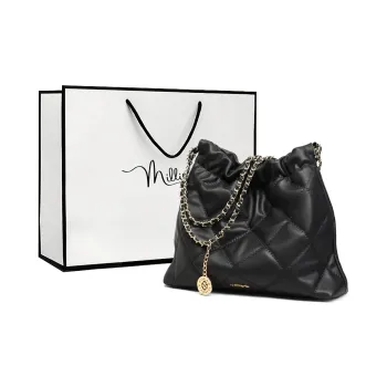 MILLIE'S Cow Leather Underarm Shoulder Bag, Crossbody Bag, Diamond Pattern Chain Bag, Bucket Bag Regular Women's Black