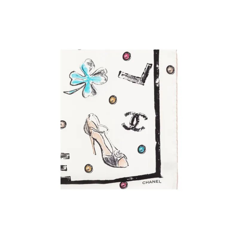 CHANEL Silk Silk Silk Scarves Women's White-1