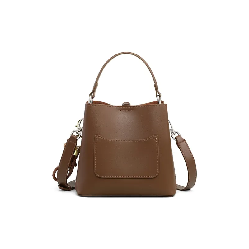 VINEY Cow Leather Handbag One Shoulder Crossbody Bucket Bag Regular Women's Coffee-5
