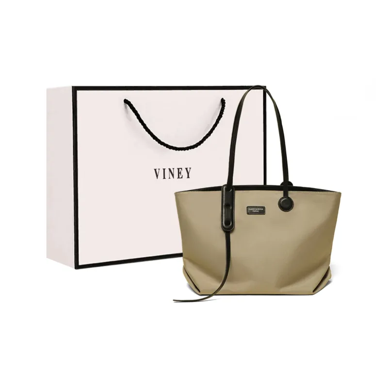 VINEY Fabric Tote Shopping Bag Shoulder Bag Large Size Women's Khaki-9