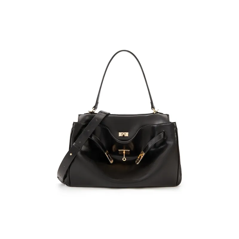 ELLE Trendy Fashion Large Capacity Commute Tote Shoulder Bag Large Size Women's Black/Camel-0