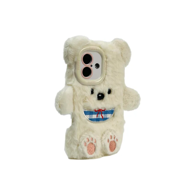Sopi Plush Material Fleece Scarf Bear Phone Cases Compatible With IPhone 16/15 Pro Max/Apple 13/14 Pro Max/12-1