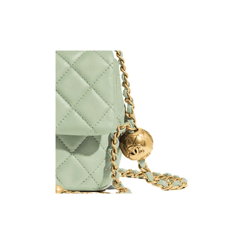 CHANEL Cow Leather Mini Square Flap Bag, Small Golden Ball Bag, Shoulder Bag Women's Green-2