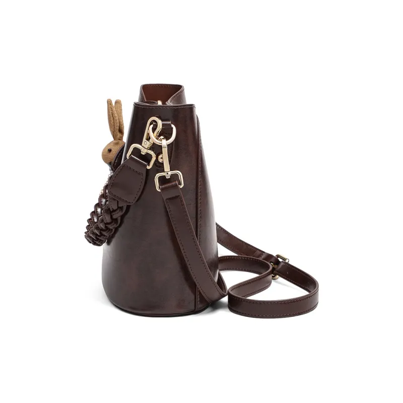 PT'SON Cow Leather Handbag, Bucket Bag, Shoulder Bag Women's Coffee-3