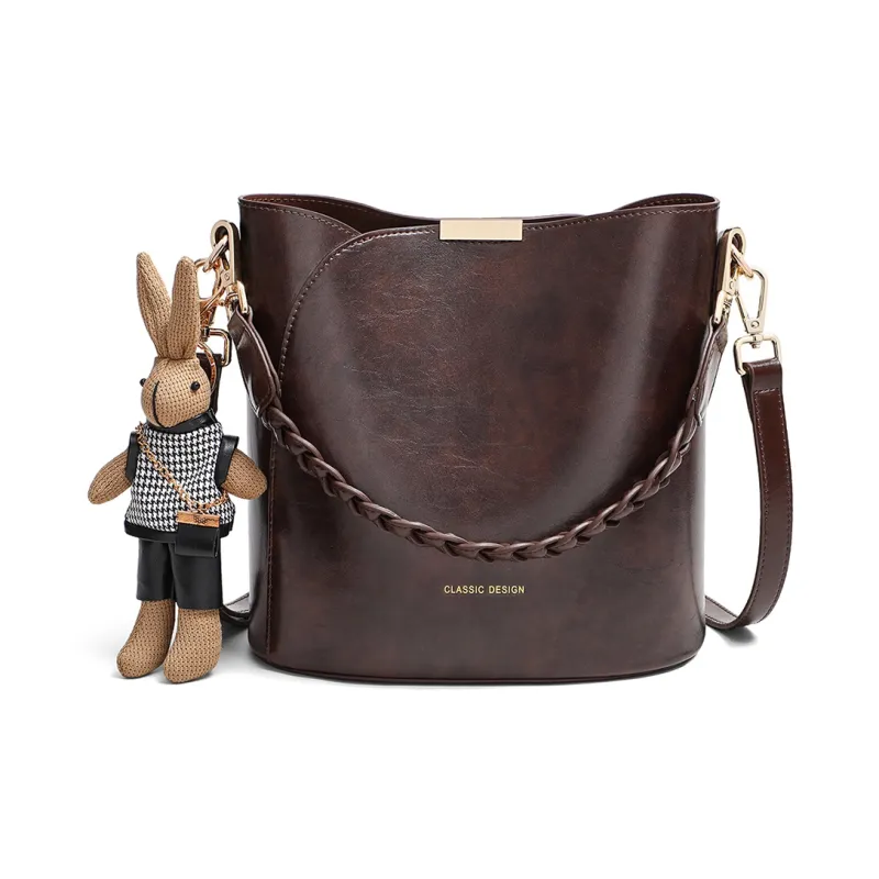 PT'SON Cow Leather Handbag, Bucket Bag, Shoulder Bag Women's Coffee-2