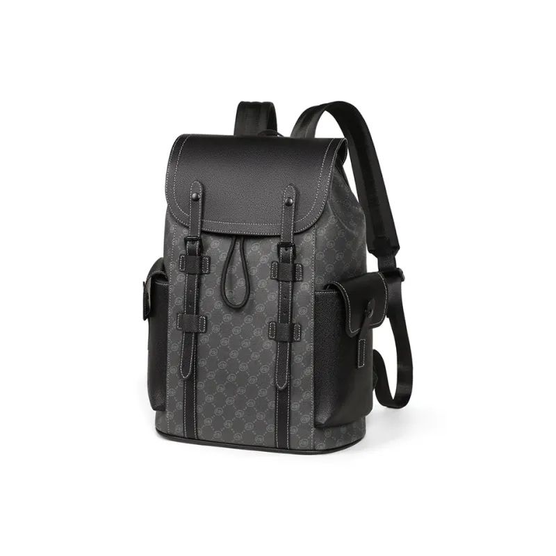VINEY Synthetic Leather Double Shoulder Backpack Large Size Men's Black-1