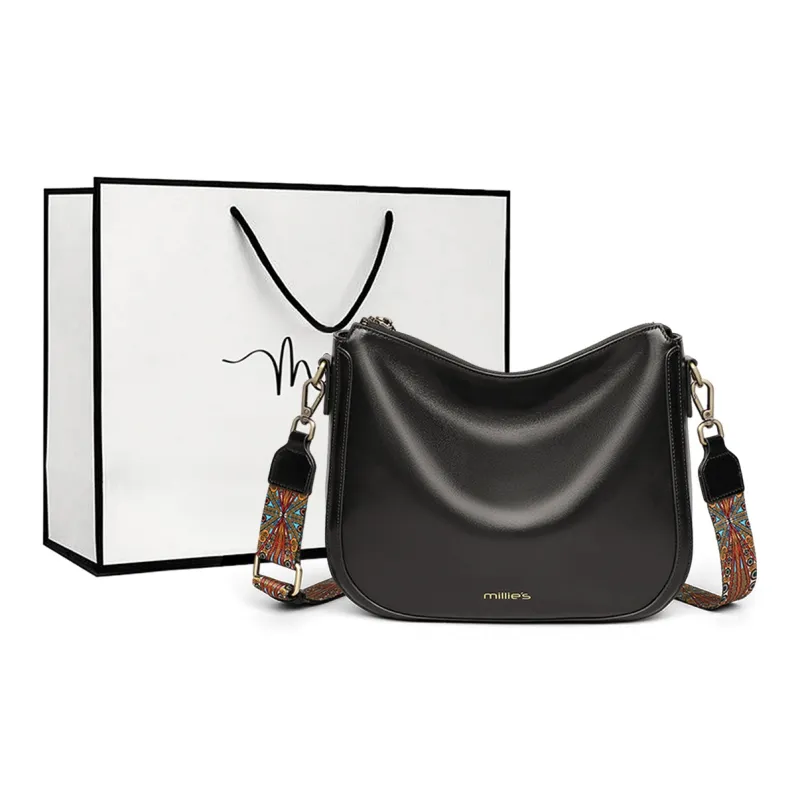 MILLIE'S Cow Leather Patchwork Synthetic Leather Saddle Bag Shoulder Bag Regular Women's Coffee/Black-5