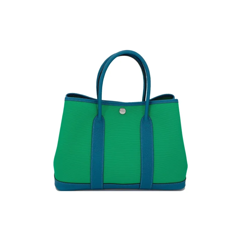 HERMES Garden Party Canvas With Negonda Calfskin Handbag Women's Mint Green & Izmir Blue-4