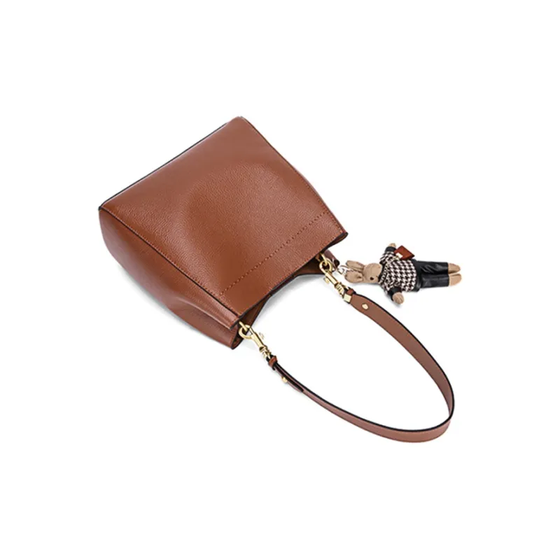Carnival Keep Top Grain Cow Leather Bucket Bag Shoulder Bag Handheld Bag Regular Women's Camel/Black-3