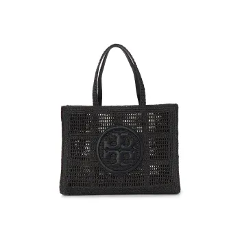 TORY BURCH Ella Raffia With Artificial Leather Trim Tote Bag Shopping Bag Shoulder Bag Handbag Large Size Women's Black
