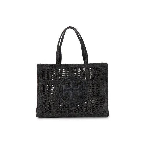 TORY BURCH Ella Raffia With Artificial Leather Trim Tote Bag Shopping Bag Shoulder Bag Handbag Large Size Women's Black