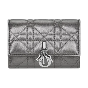 DIOR Wicker Pattern Calfskin Wallet Women's Metal Silver
