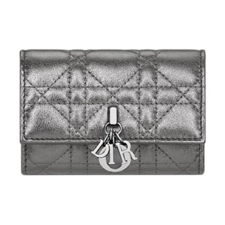 DIOR Wicker Pattern Calfskin Wallet Women's Metal Silver-0