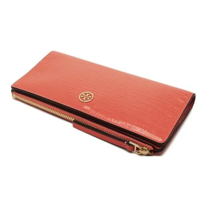 TORY BURCH Robinson Patent Leather, Cross Grain Leather Wallet Women's Coral Pink-3