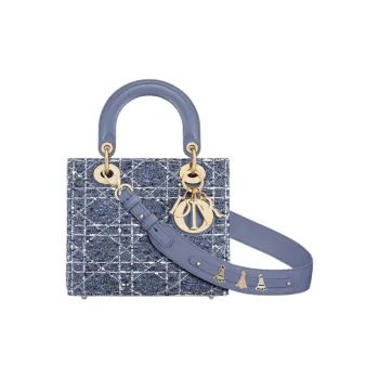 DIOR Lady Dior Rattan Plaid Shoulder Bag Crossbody Bag Handbag Small Size Women's Denim Blue