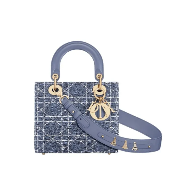 DIOR Lady Dior Rattan Plaid Shoulder Bag Crossbody Bag Handbag Small Size Women's Denim Blue-0