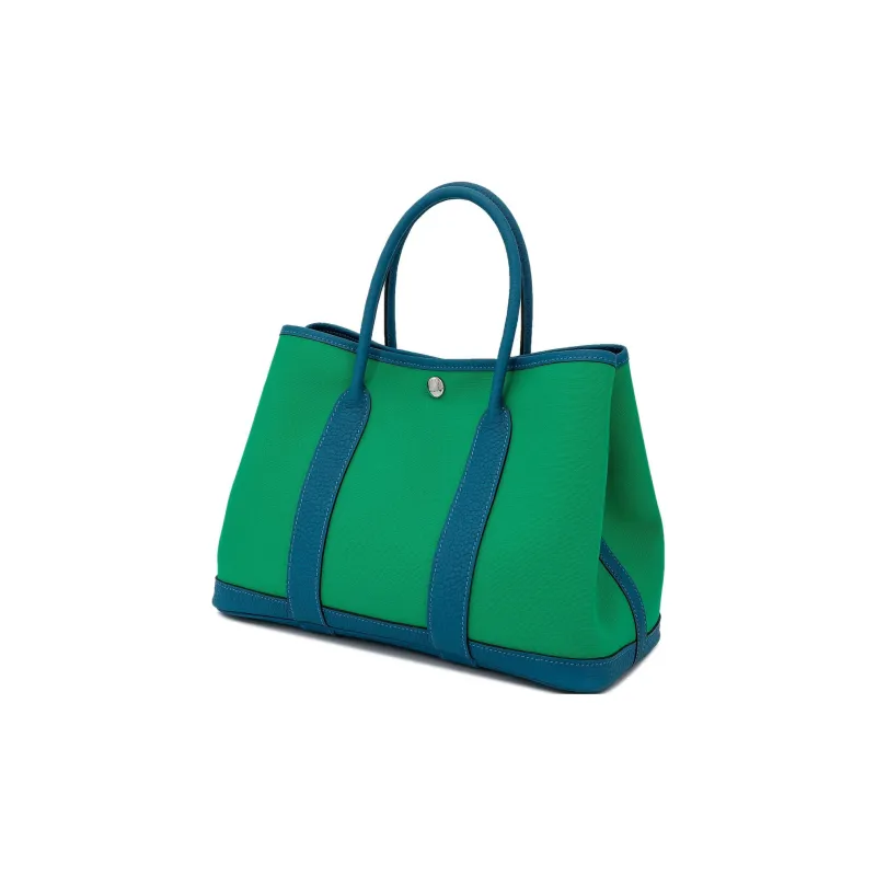 HERMES Garden Party Canvas With Negonda Calfskin Handbag Women's Mint Green & Izmir Blue-1