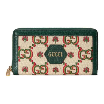 GUCCI Leather Long Zip Closure Wallets Unisex Beige/Green
