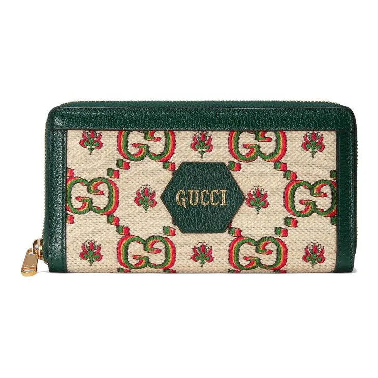 GUCCI Leather Long Zip Closure Wallets Unisex Beige/Green-0