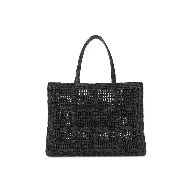 TORY BURCH Ella Raffia With Artificial Leather Trim Tote Bag Shopping Bag Shoulder Bag Handbag Large Size Women's Black-2