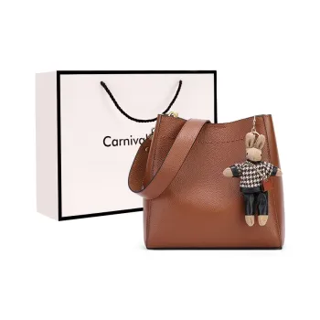 Carnival Keep Top Grain Cow Leather Bucket Bag Shoulder Bag Handheld Bag Regular Women's Camel/Black
