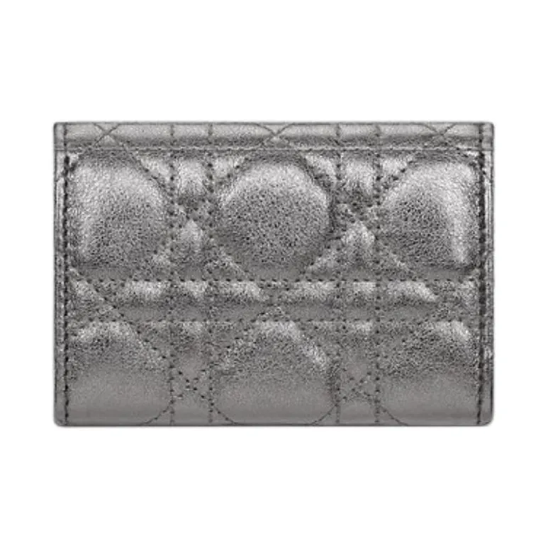 DIOR Wicker Pattern Calfskin Wallet Women's Metal Silver-2