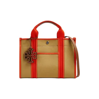 TORY BURCH Cow Leather Tote Bag, Shopping Bag, Handbag, Shoulder Bag, Crossbody Bag Trumpets Women's Khaki/Orange Red