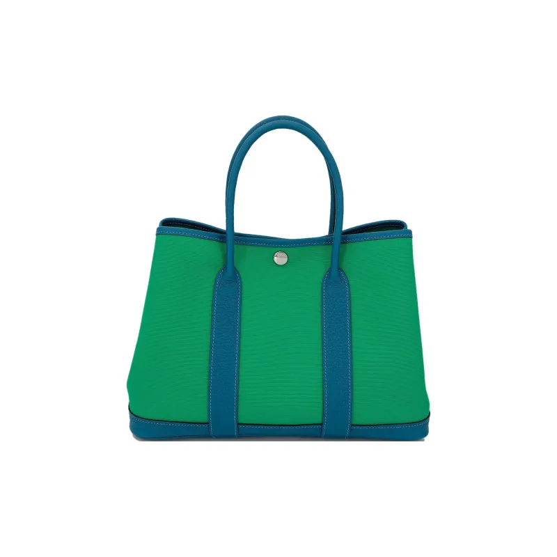 HERMES Garden Party Canvas With Negonda Calfskin Handbag Women's Mint Green & Izmir Blue-0