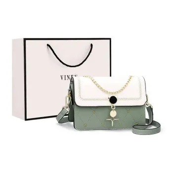 VINEY Cow Leather Shoulder Bag Crossbody Bag Small Square Bag Small Size Women's Green & White