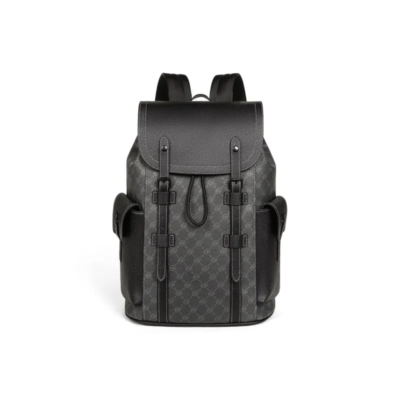 VINEY Synthetic Leather Double Shoulder Backpack Large Size Men's Black-2
