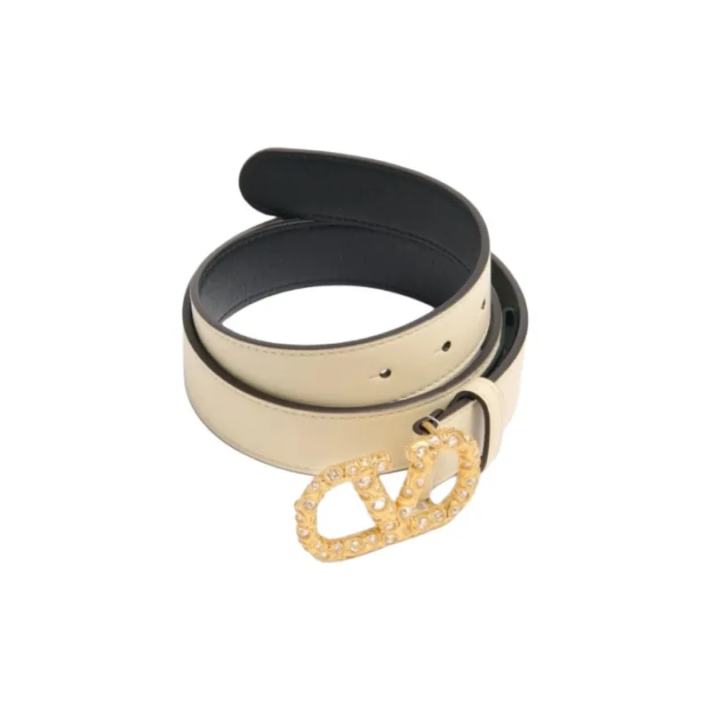 Valentino Brass, Faux Crystal, Cow Leather, Calfskin Leather Belts Women's White Width 3CM-1