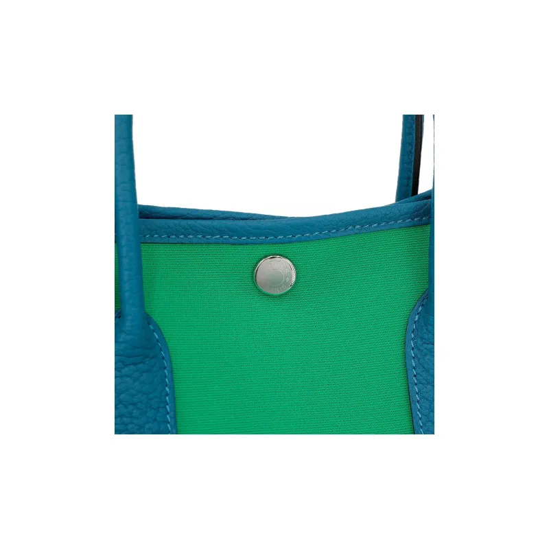 HERMES Garden Party Canvas With Negonda Calfskin Handbag Women's Mint Green & Izmir Blue-9
