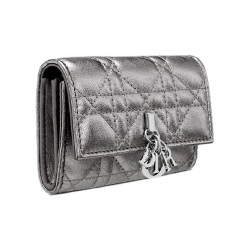DIOR Wicker Pattern Calfskin Wallet Women's Metal Silver-1