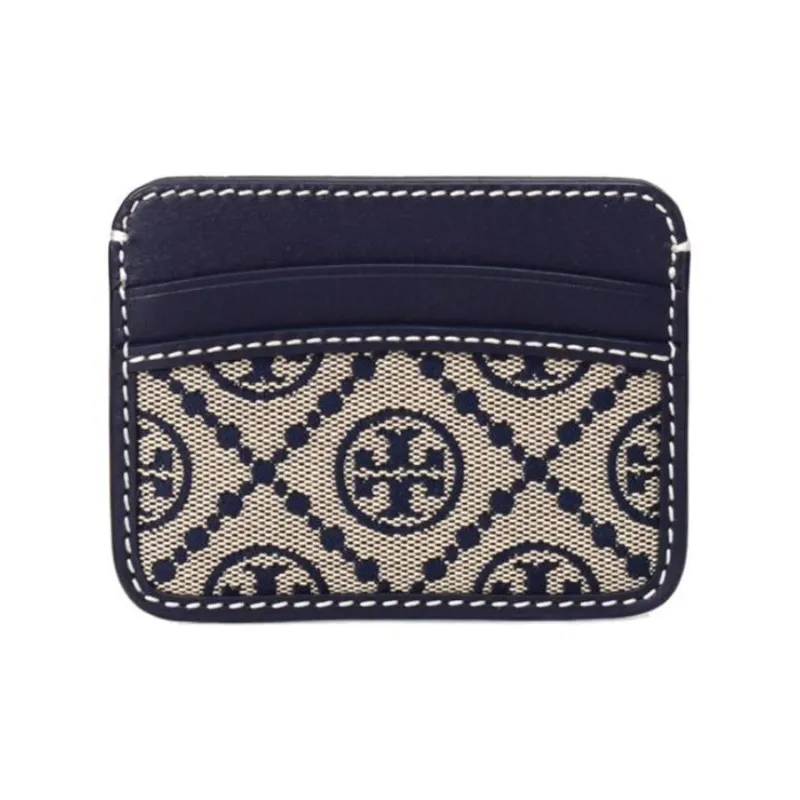 TORY BURCH Woven Jacquard With Leather Trim Card Holder Women's Blue-0