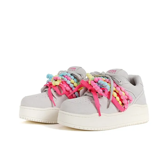 WANDER AROUND Anti Slip And Wear Resistant Height Increasing Low Top Skateboard Shoes Women's Colored Ribbon Gray-2