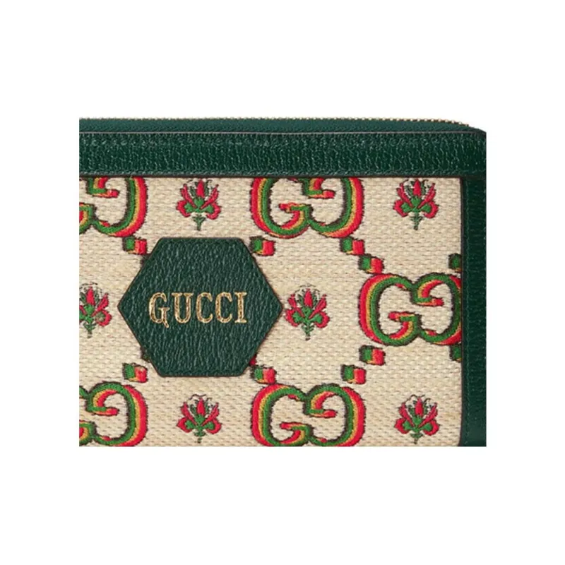 GUCCI Leather Long Zip Closure Wallets Unisex Beige/Green-7