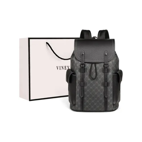 VINEY Synthetic Leather Double Shoulder Backpack Large Size Men's Black