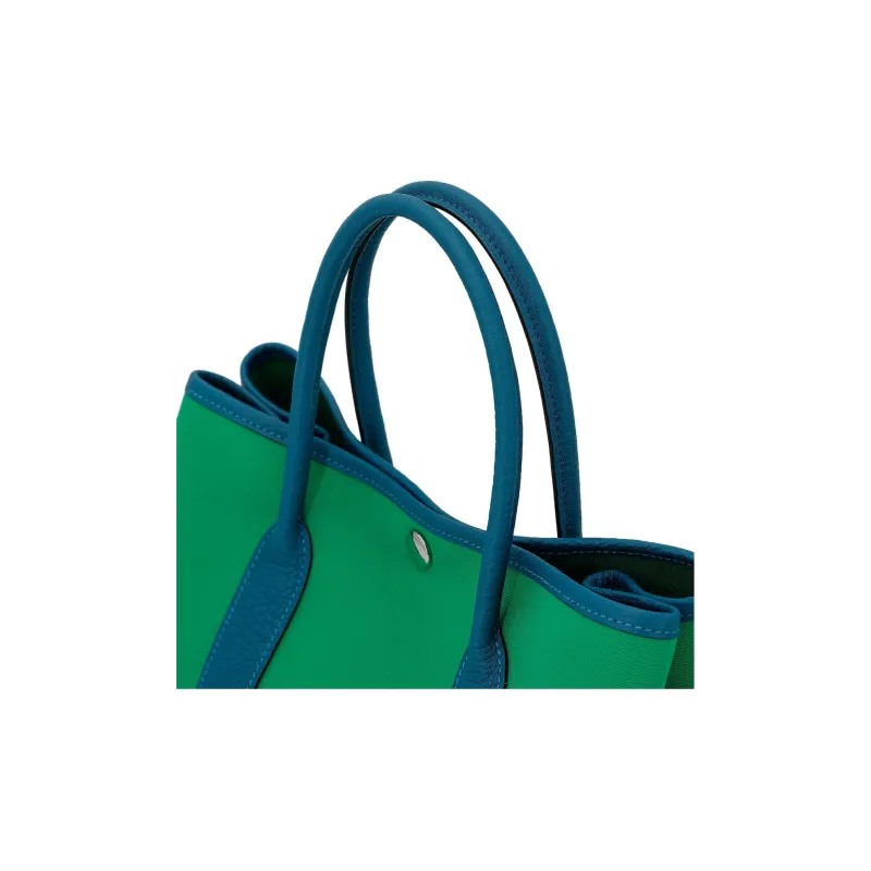 HERMES Garden Party Canvas With Negonda Calfskin Handbag Women's Mint Green & Izmir Blue-7